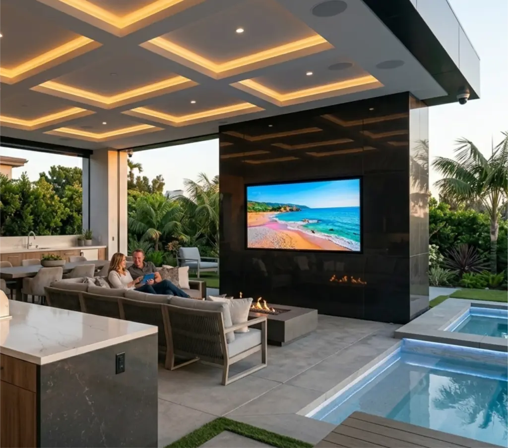 Luxury modern outdoor patio and pool area at golden hour, featuring ultra-bright 4K TV, invisible audio, and integrated AI-enhanced security, controlled by Savant smart home, by Sentry Audio Video.