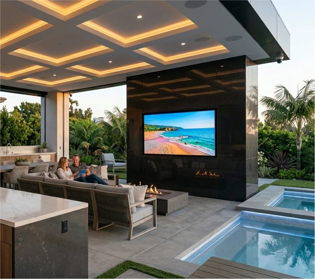 Luxury modern outdoor patio and pool area at golden hour, featuring ultra-bright 4K TV, invisible audio, and integrated AI-enhanced security, controlled by Savant smart home, by Sentry Audio Video.