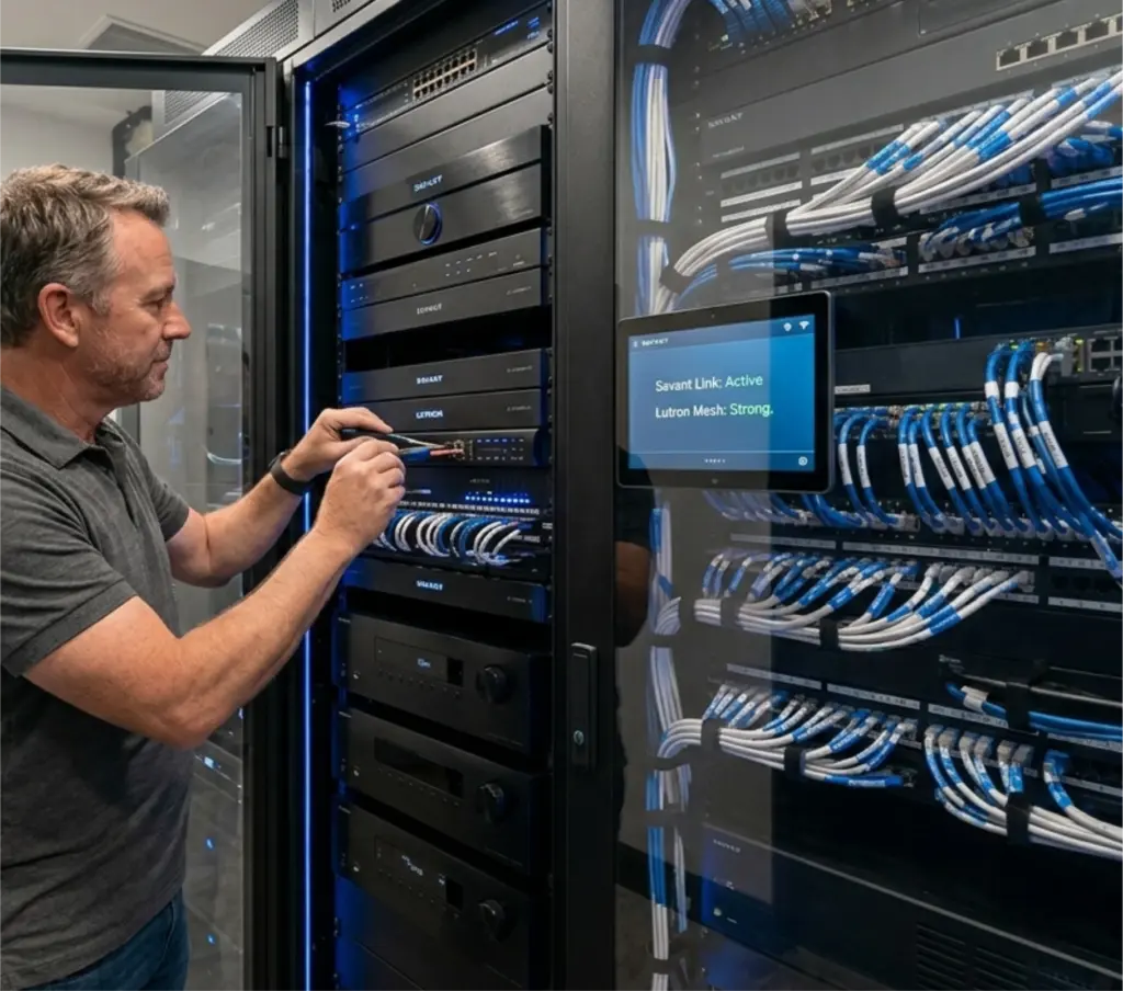 Professional enterprise-grade AV rack in climate-controlled IT room with immaculate cable management and sequential blue LED status lights by Sentry Audio Video.