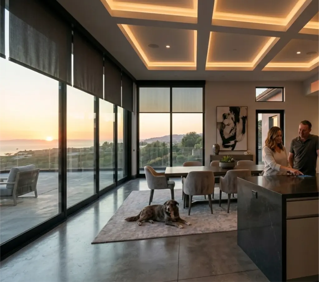 Luxury minimalist modern kitchen with invisible whole-home audio integration, managed by Savant smart home, by Sentry Audio Video.