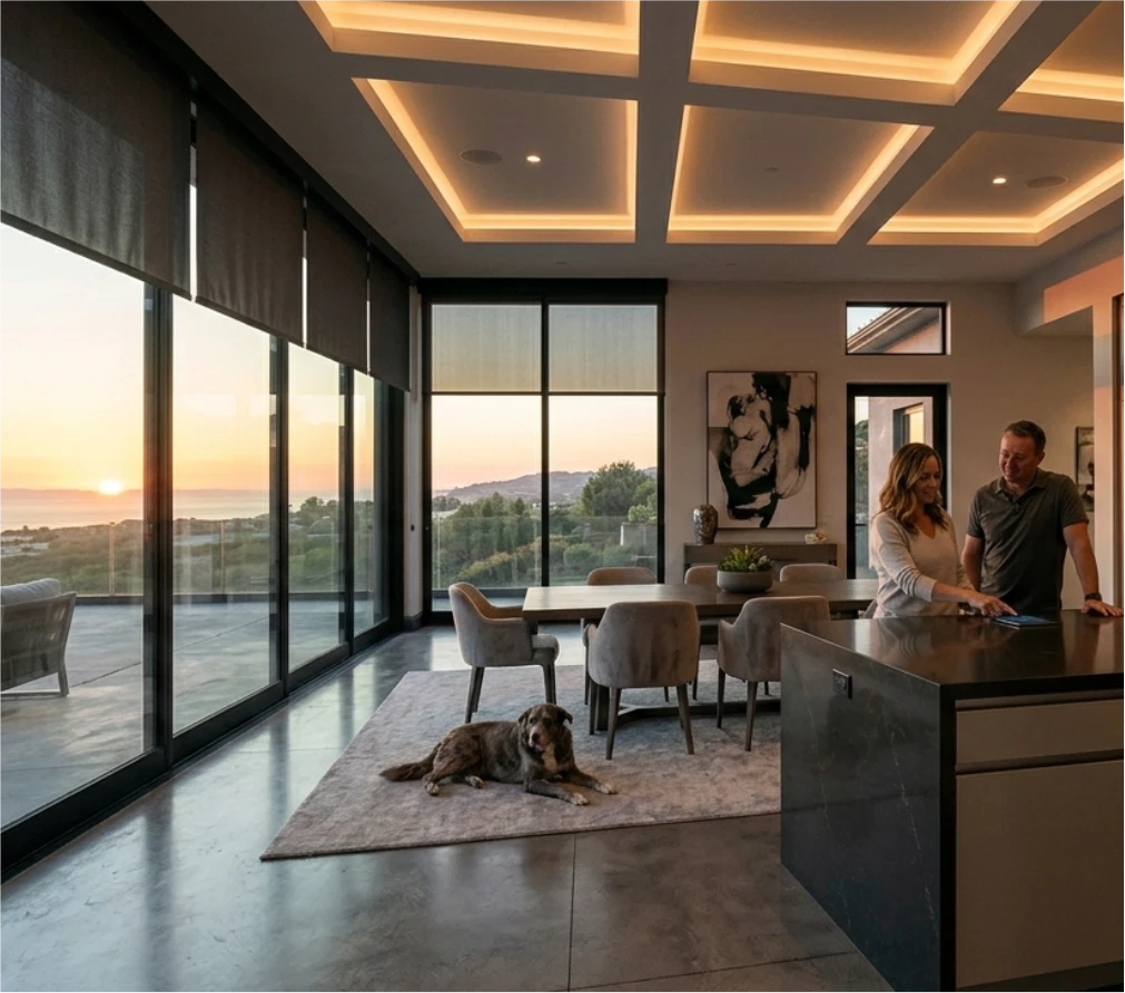 Luxury minimalist modern kitchen with invisible whole-home audio integration, managed by Savant smart home, by Sentry Audio Video.