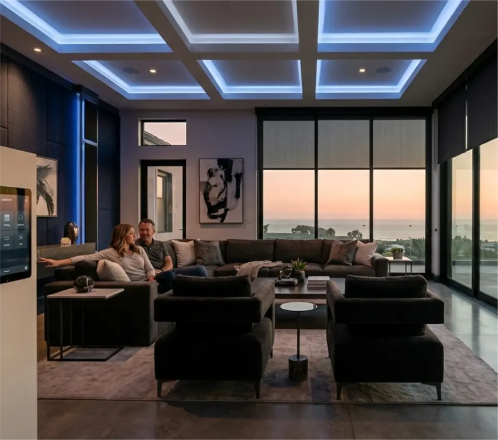 Luxury living room with Lutron Ketra circadian lighting and automated shades by Sentry Audio Video.