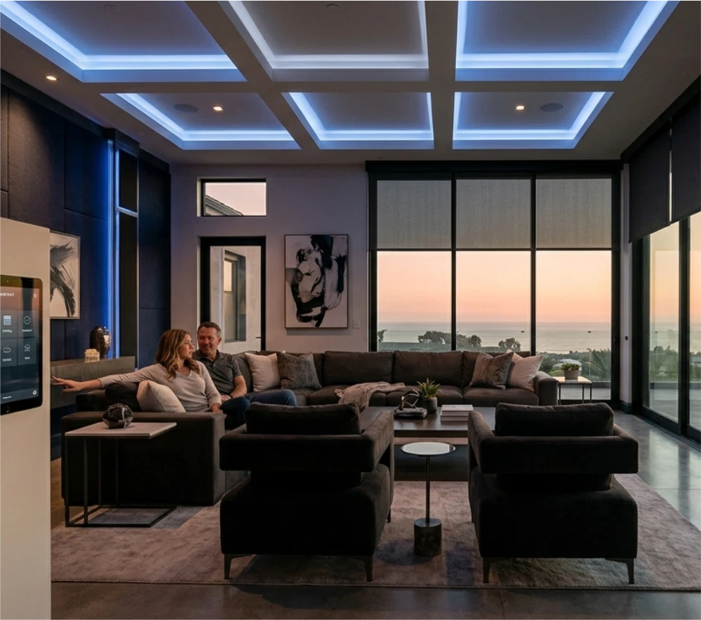 Luxury living room with Lutron Ketra circadian lighting and automated shades by Sentry Audio Video.