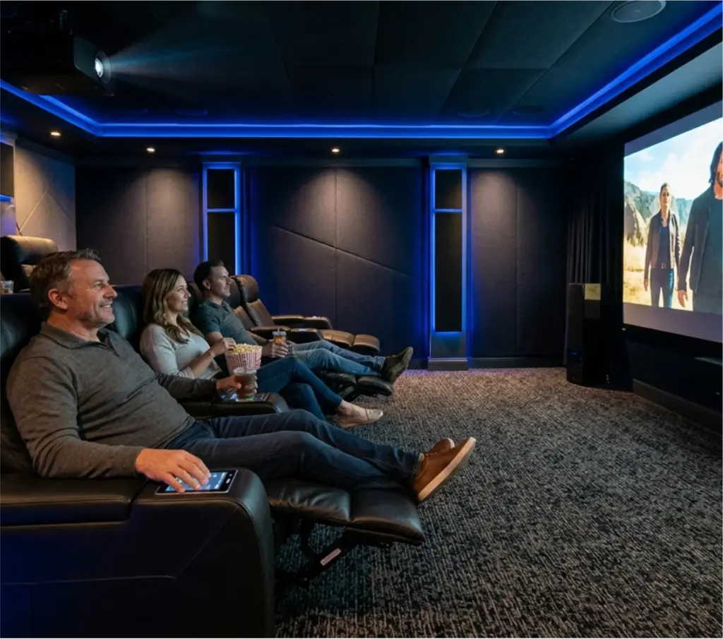 Bespoke private cinema design with integrated Savant smart home control and tiered theater seating by Sentry Audio Video.