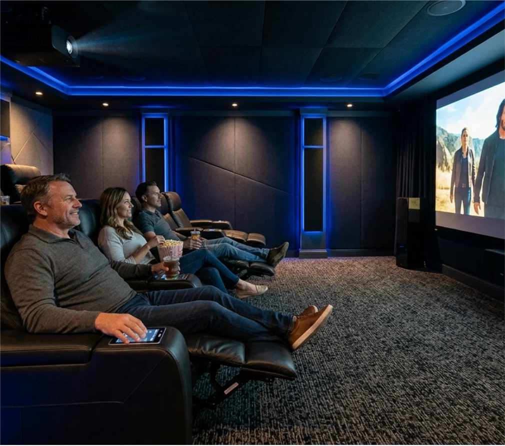 Bespoke private cinema design with integrated Savant smart home control and tiered theater seating by Sentry Audio Video.