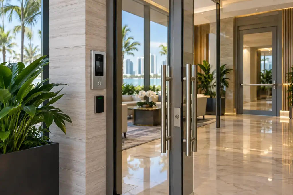 Modern access-control reader at a South Florida commercial property