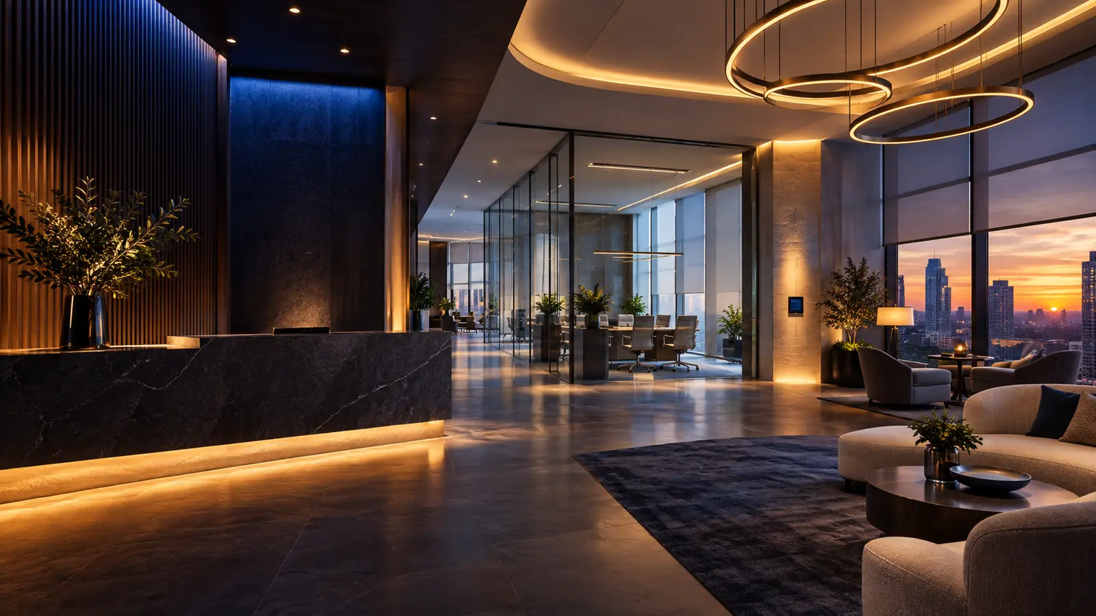 Lutron commercial lighting control in a luxury office and hospitality lobby