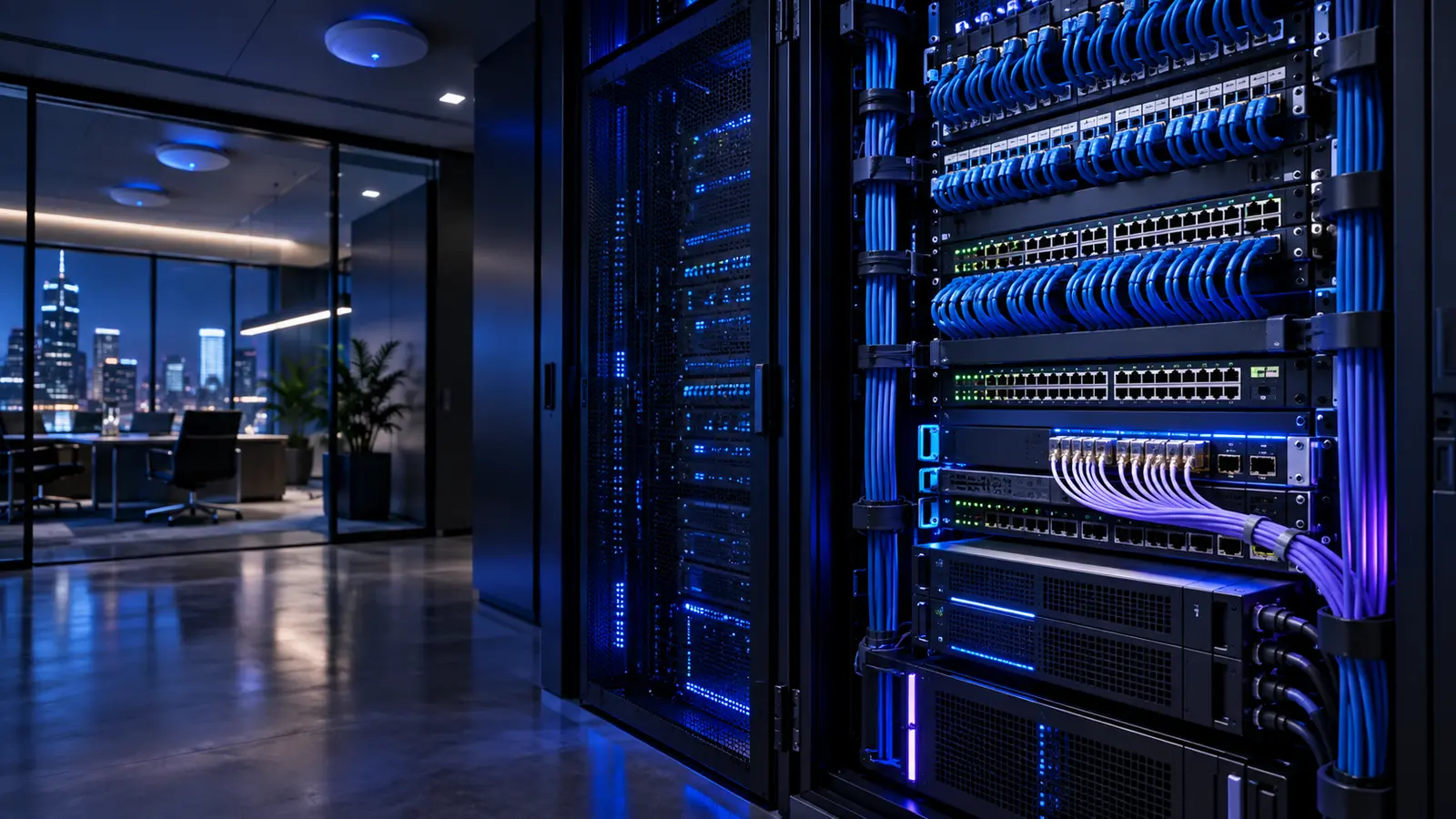 Enterprise Wi-Fi and managed network rack with organized structured cabling