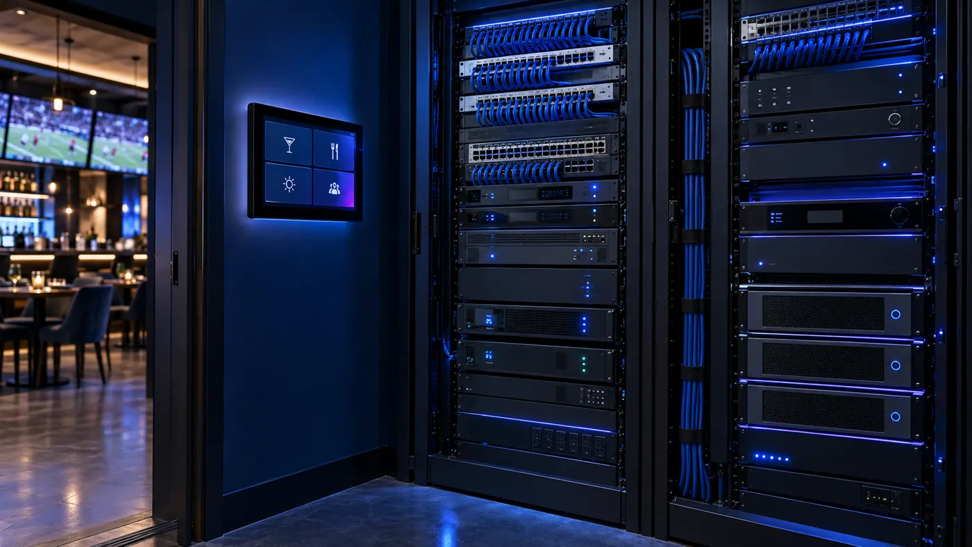Sentry Audio Video commercial AV rack and control system for restaurants and sports bars