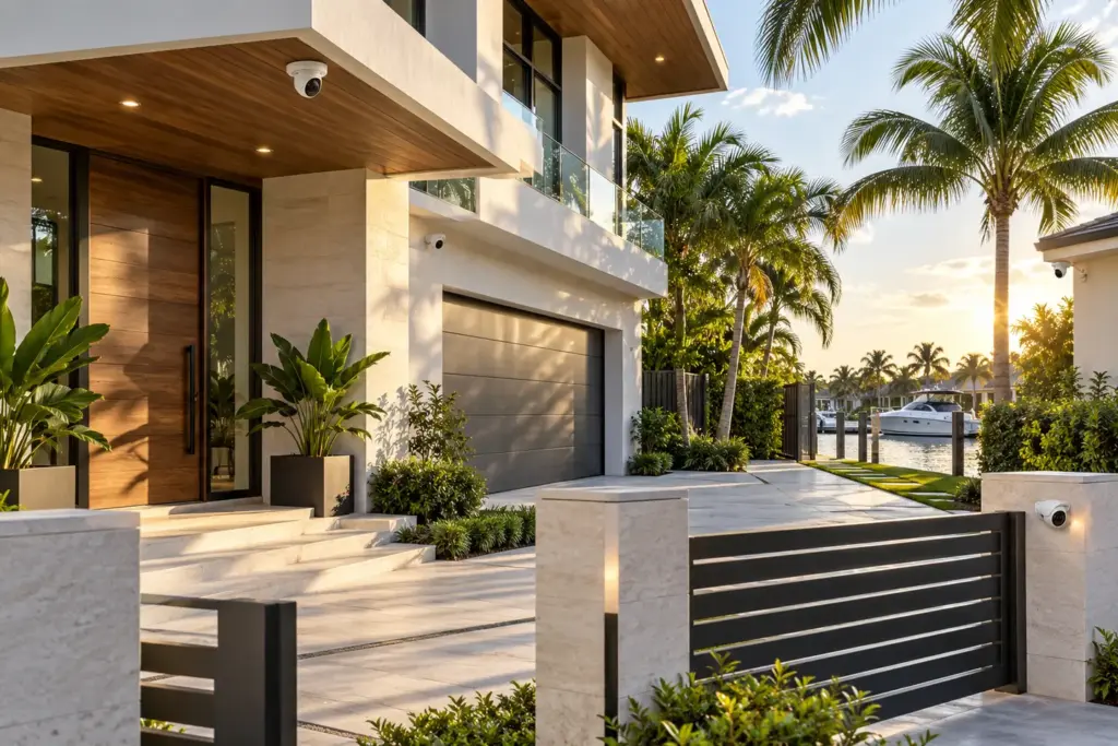 Discreet exterior security cameras on a South Florida residence