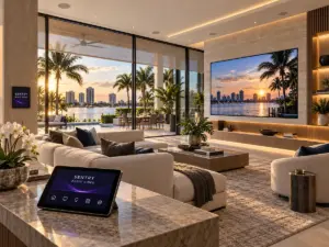 Sentry Audio Video luxury smart-home media lounge in a South Florida waterfront estate