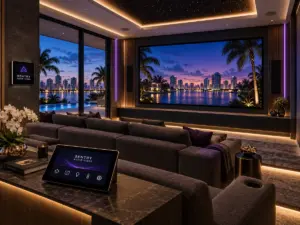 Luxury home theater with projection screen and tiered seating