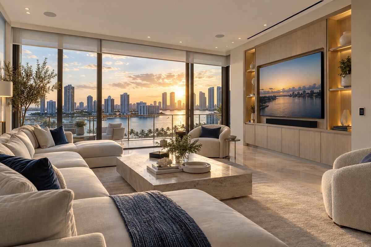 Luxury condominium interior concept for Aventura with integrated lighting, shades and audio video