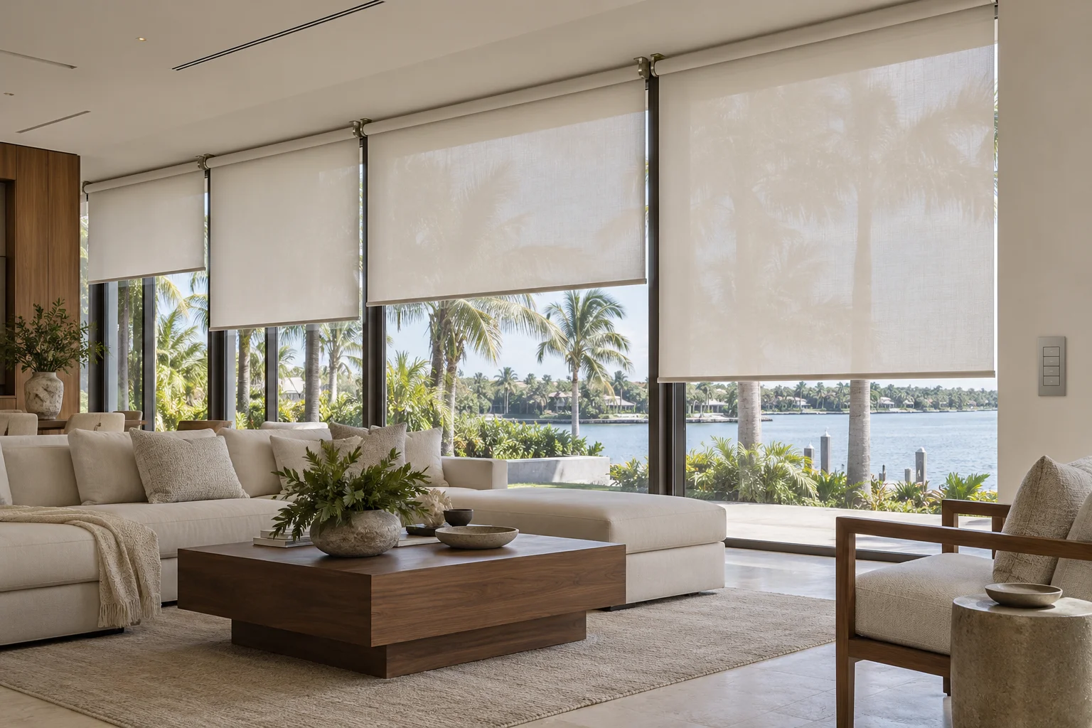 Illustration of Palladiom-style motorized solar shades and a wall keypad in a waterfront living room