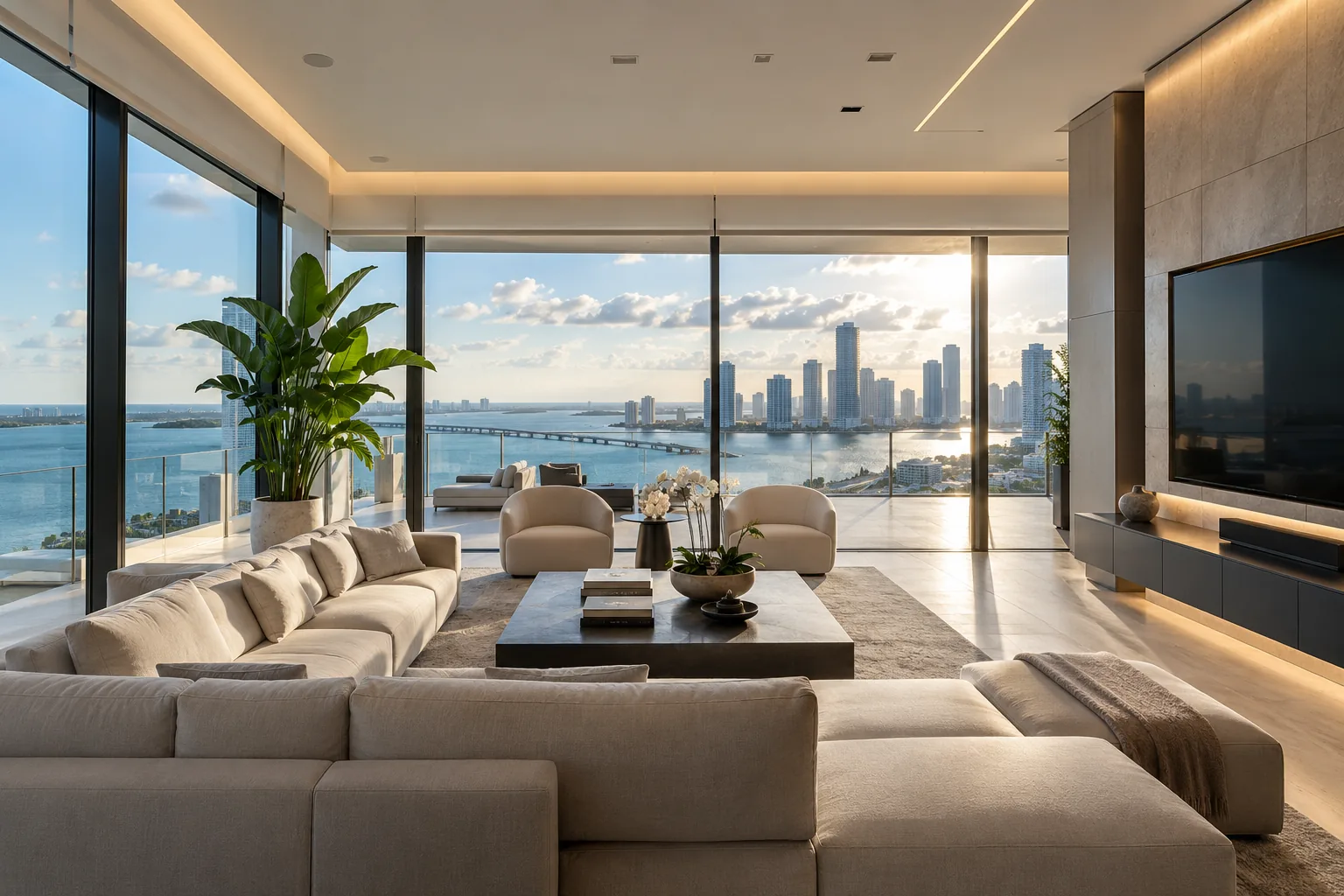 Miami penthouse smart home with integrated television, lighting, motorized shades and skyline views