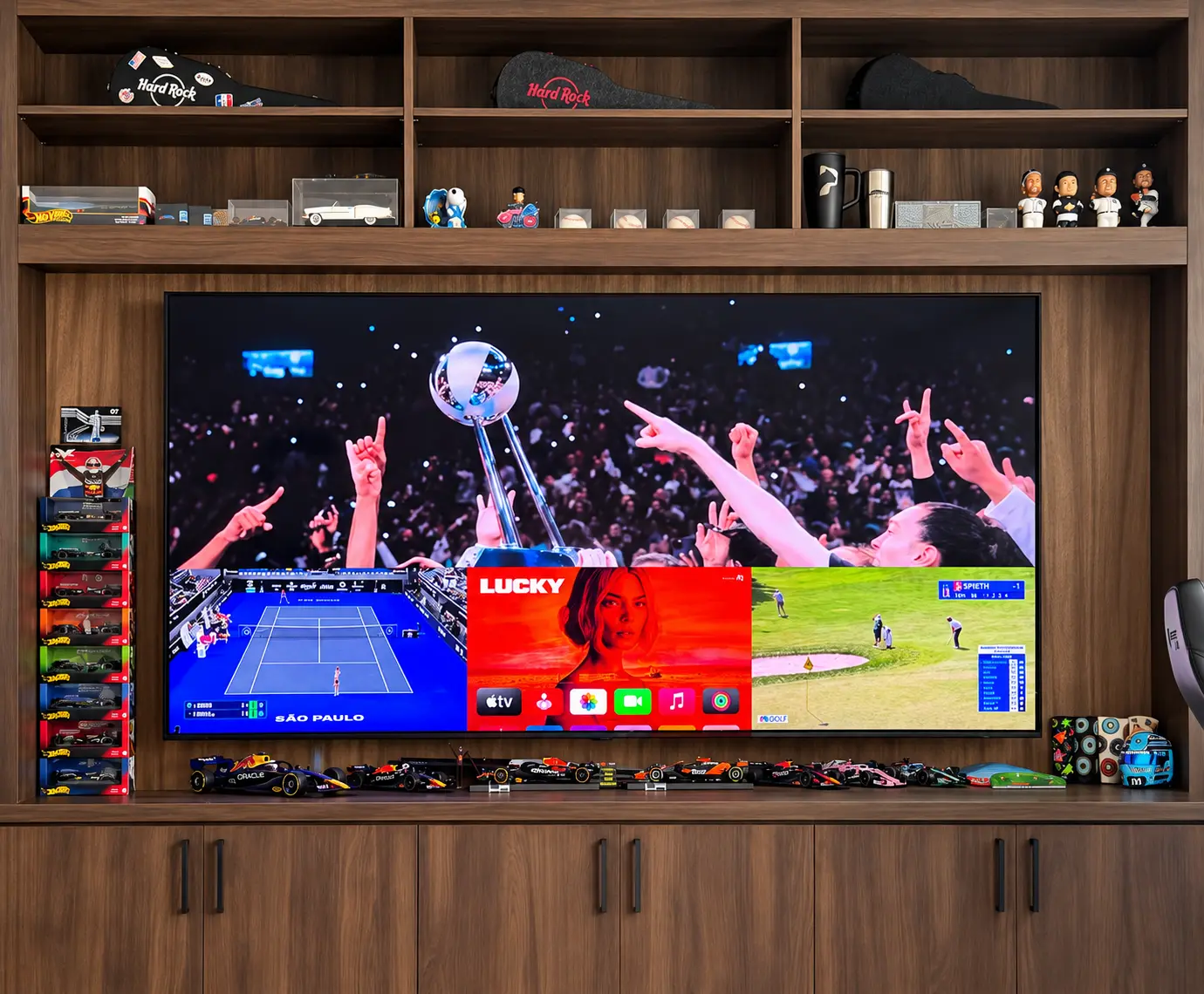 100-inch office television showing Savant multi-view video tiling