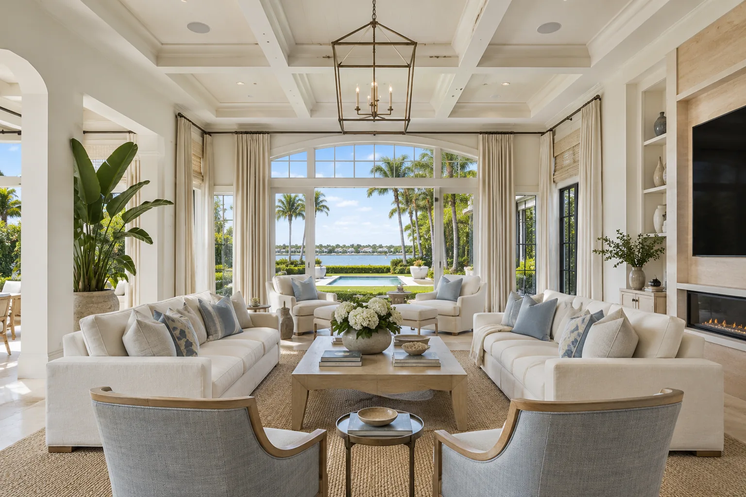 Elegant Palm Beach residence with integrated smart-home lighting, motorized shades, television and audio