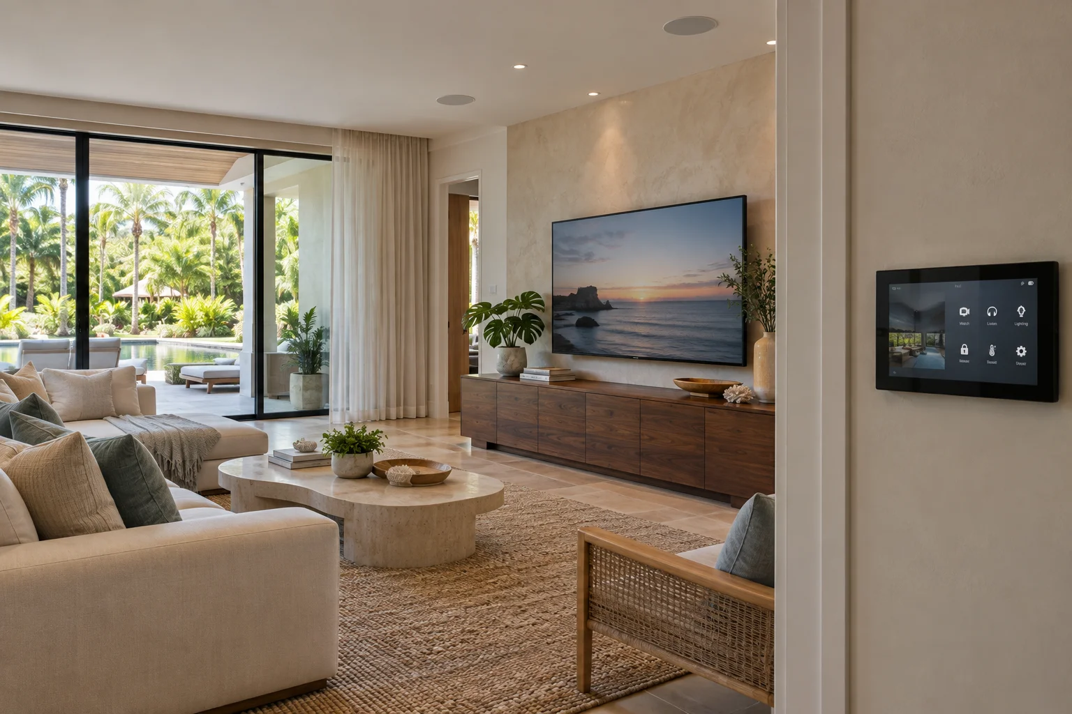 Residential automation design illustration with wall touchscreen and television