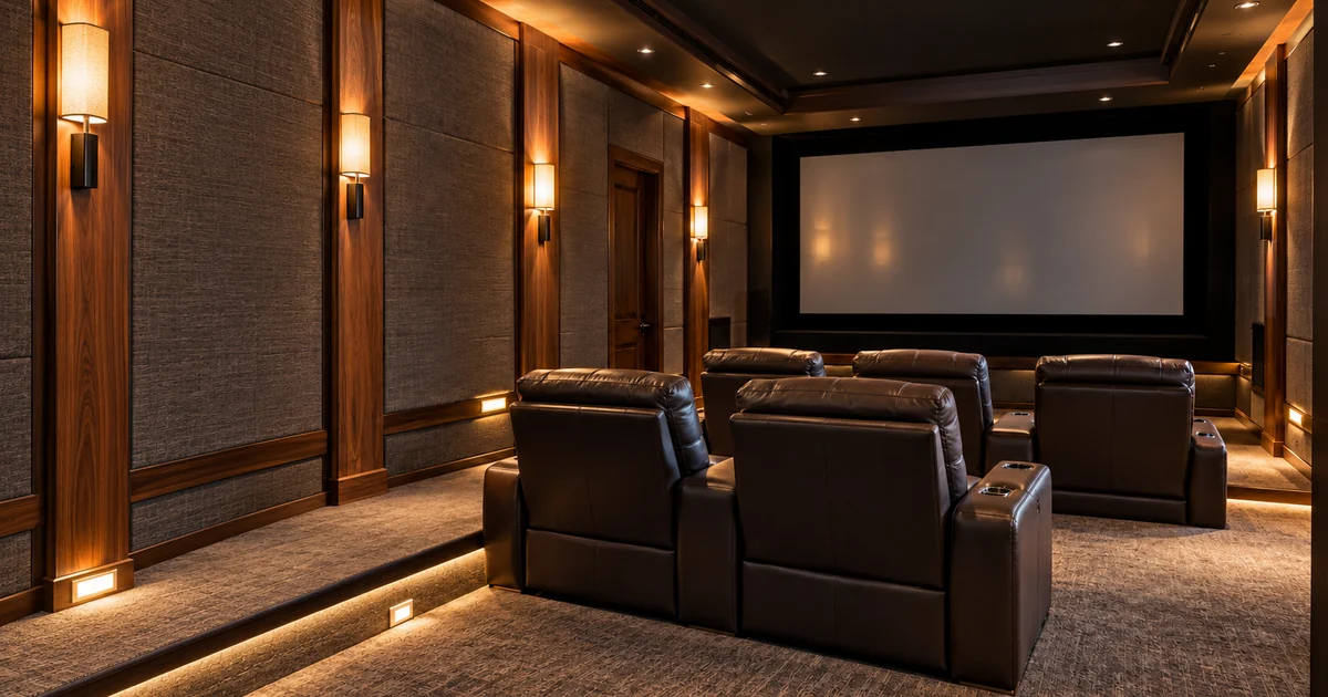 Illustrative private home theater with leather seating, acoustic wall finishes and warm aisle lighting